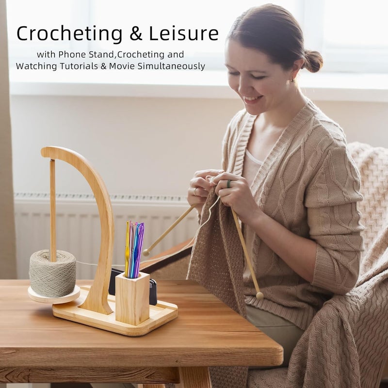 FOGWOWO Upgraded Yarn Holder for Crocheting and Knitting,Wooden Crochet Yarn Holder Magnetic Yarn Spinner with Crochet Accessories Storage and Phone Stand,Yarn Ball Holder Crochet Gift for Knitting Lovers - Image 5